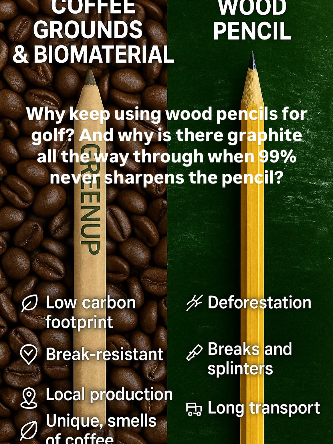 GreenUp Golf logo pencil made from upcycled coffee. Eco friendly. Sustainable