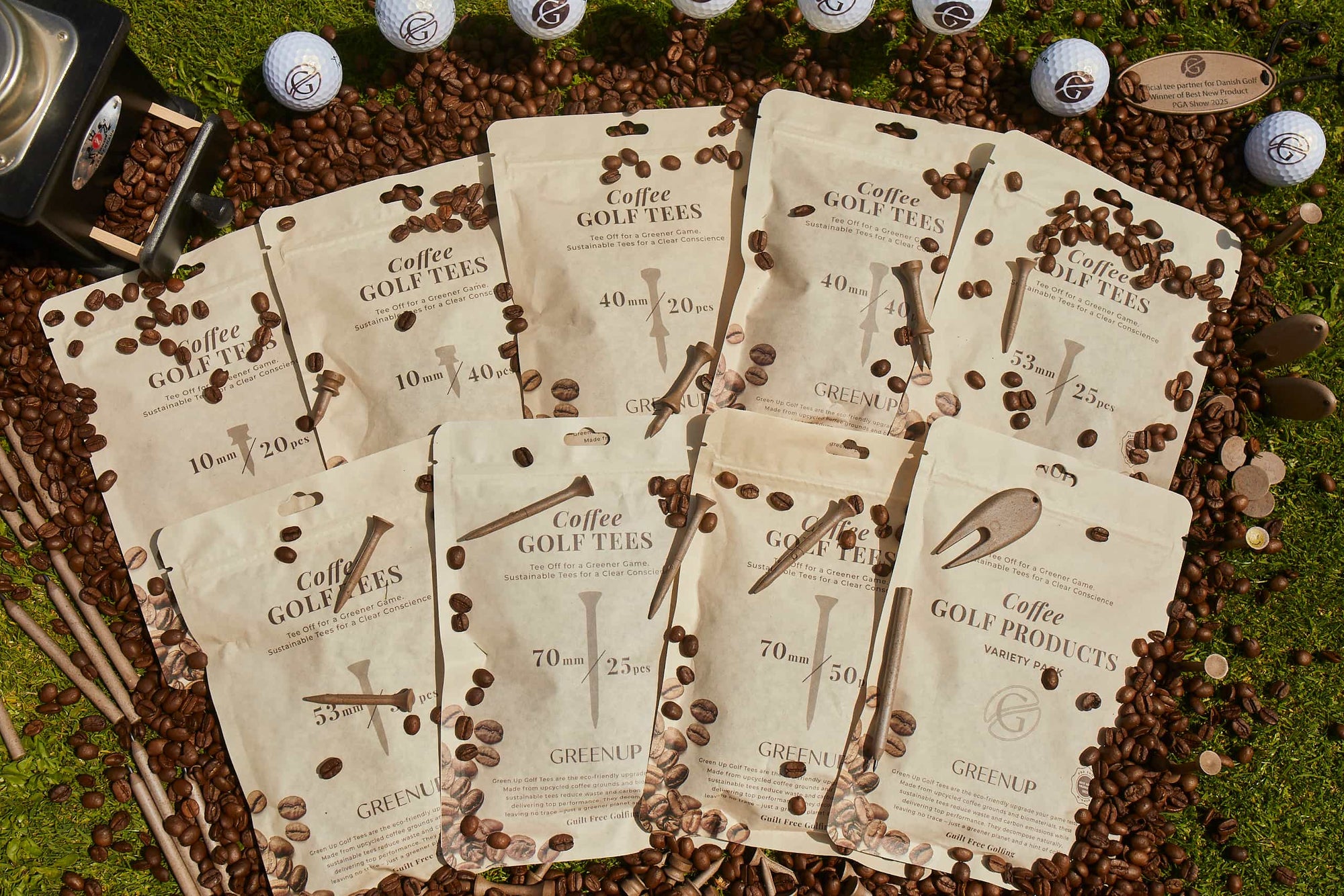 Biodegradable golf tees and assortment. Made from coffee